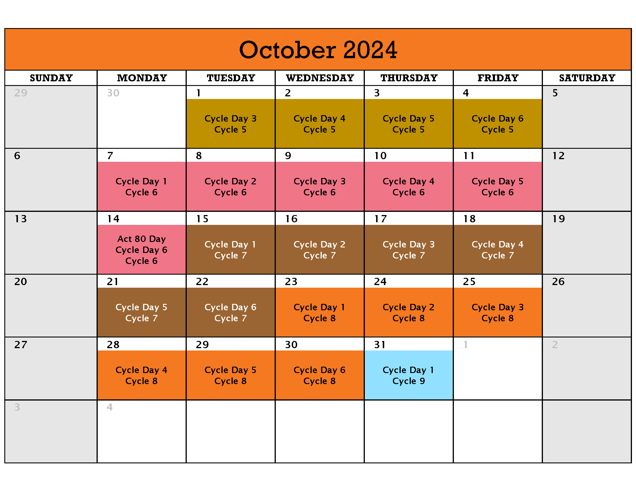 October 2024 Cycle Calendar pdf in link below