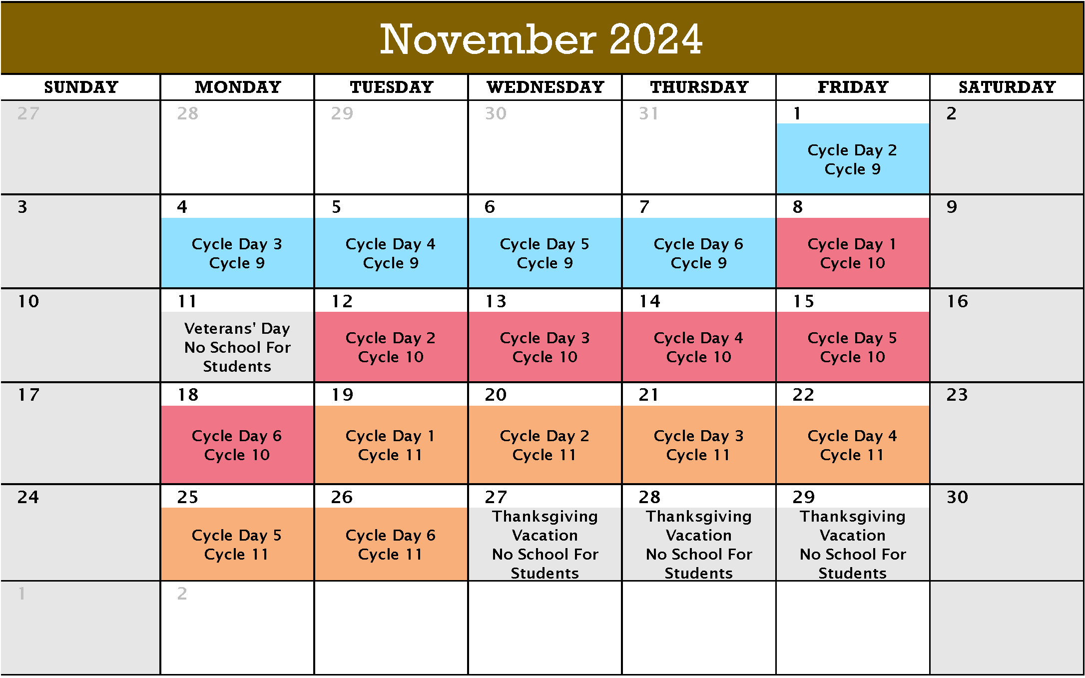 November 2024 Cycle Calendar pdf version in link below