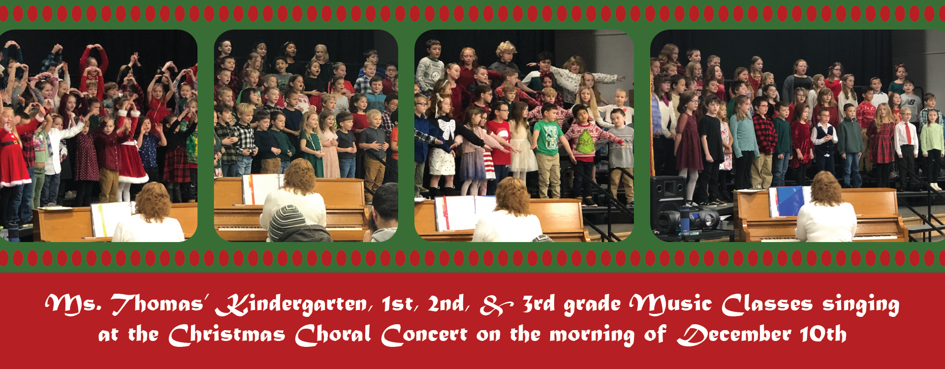 Ms. Thomas's Kindergarten, 1st, 2nd, & 3rd grade Music classes singing at the Christmas Choral Concert on the morning of December 10th